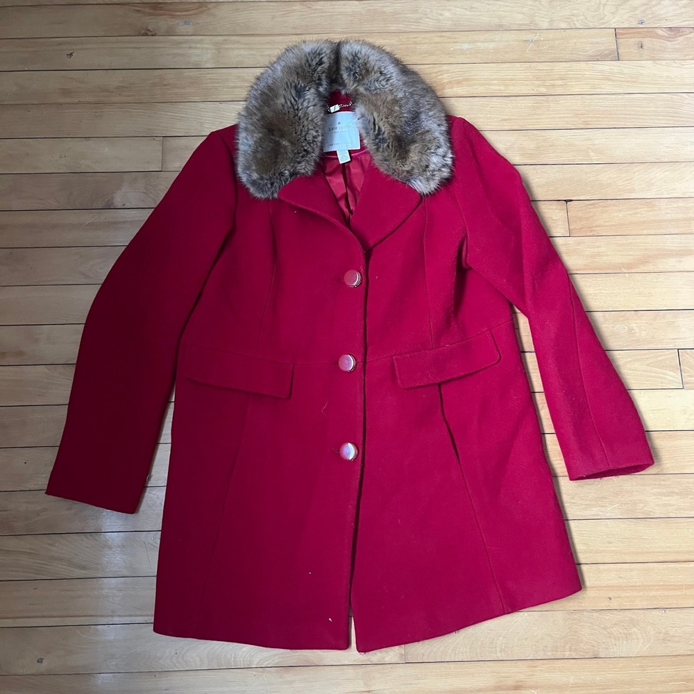 Kate Spade New York Red Wool Blend Coat Faux Fur Collar Womens Medium M Holiday